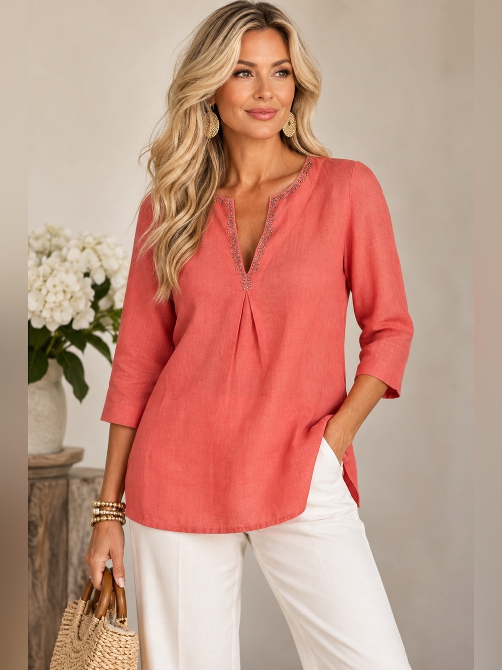 Eileen Fisher 100% Irish Linen Coral Beaded Split Neck 3/4 Sleeve Tunic Top
